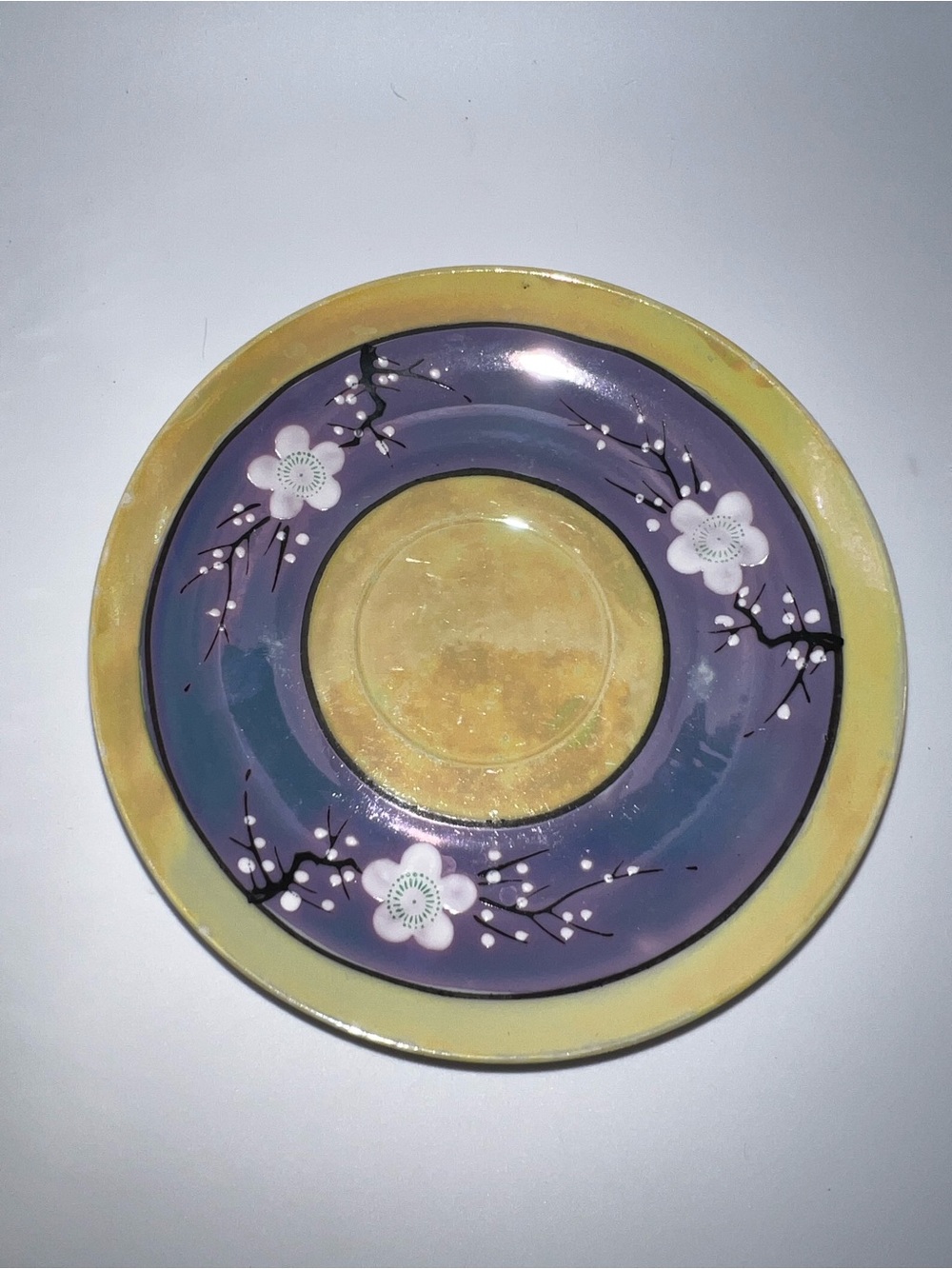 Japanese lusterware ceramic plate yellow rim and white blossom